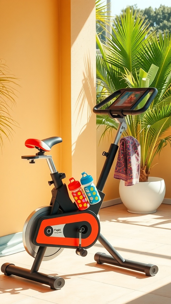 Sunny exercise bike with accessories like water bottles and a towel