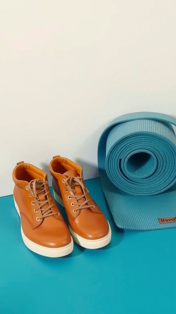 A pair of brown sneakers next to a blue yoga mat.