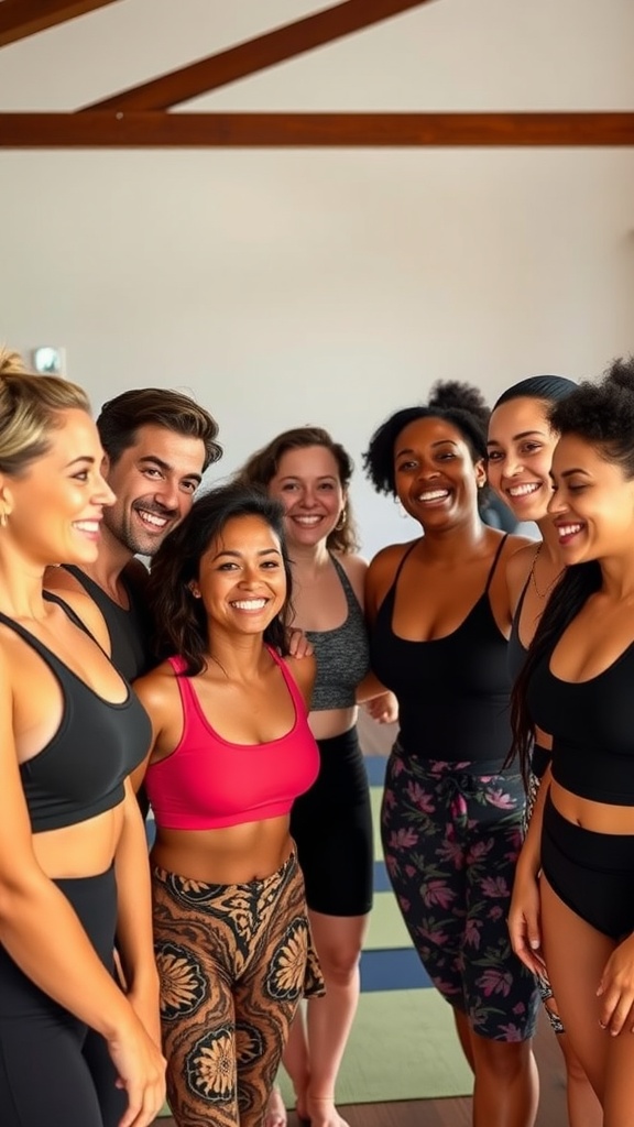 A group of people smiling and enjoying each other’s company in a yoga studio.
