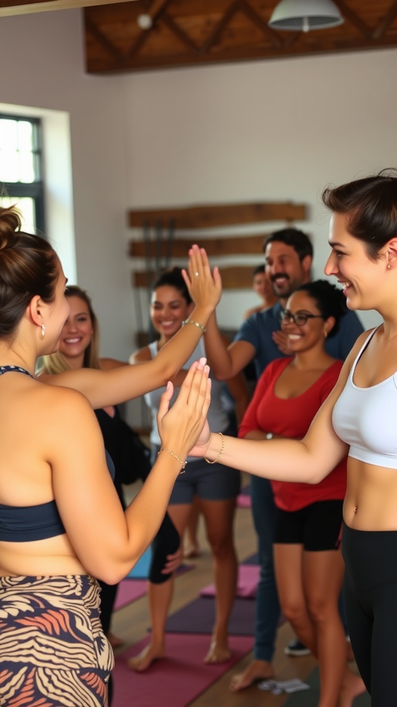 A group of people in a yoga class engaging joyfully with each other.