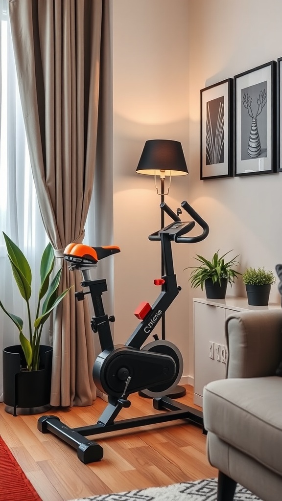 A mini exercise bike in a cozy living room setting, showcasing its compact design.