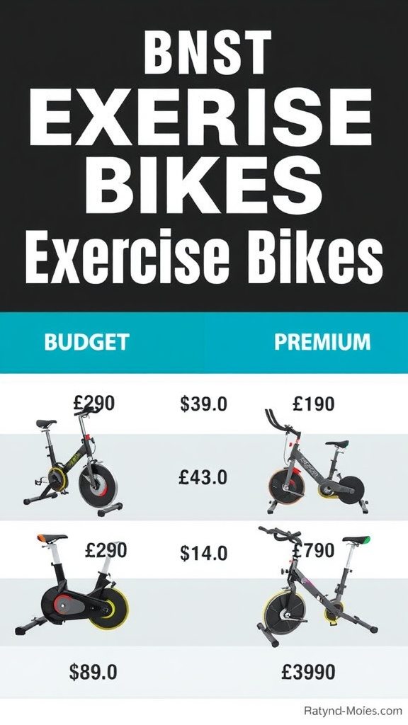 Comparison of various home exercise bikes with price ranges.