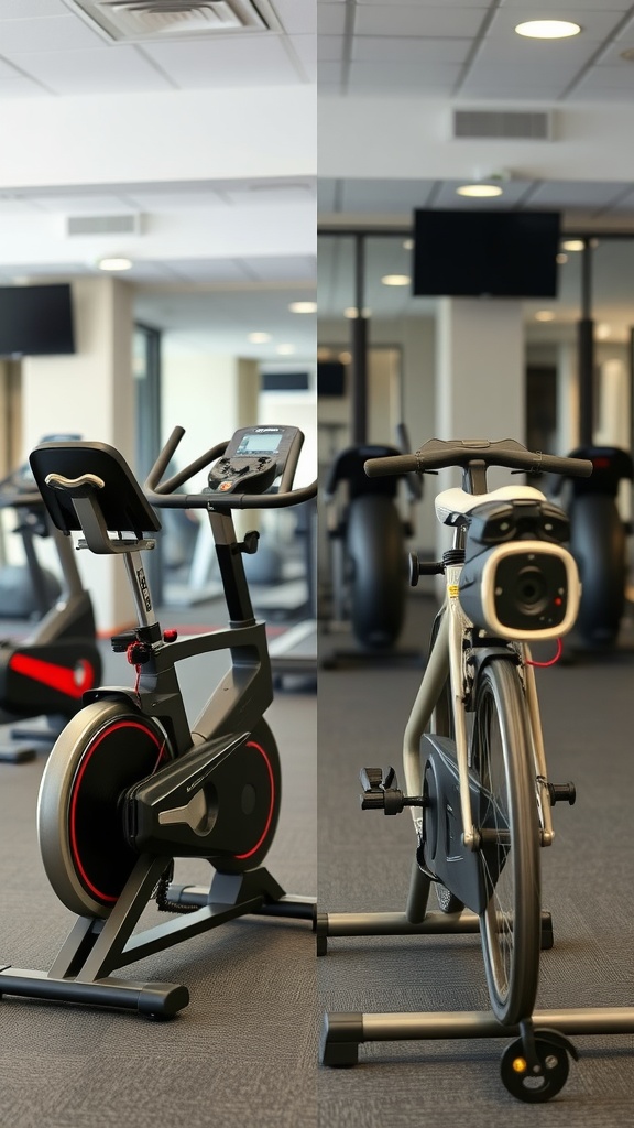 A comparison of a recumbent bike and an upright bike in a gym setting.