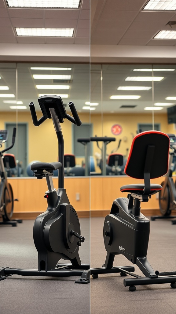 An upright exercise bike next to a recumbent exercise bike in a gym setting.