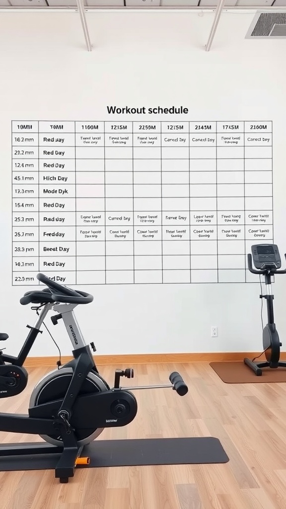 Image showing a recumbent exercise bike and a workout schedule on the wall.