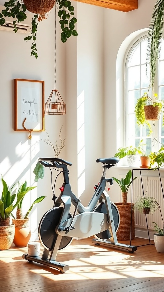 A sunny workout space featuring an exercise bike surrounded by plants and natural light.