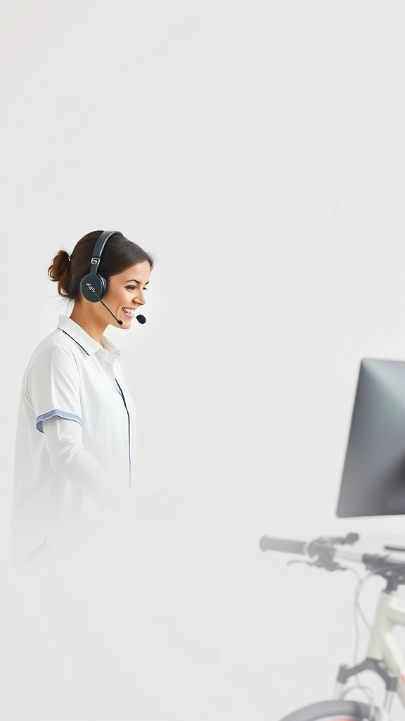 Customer service representative assisting a customer while smiling, demonstrating a friendly support experience.