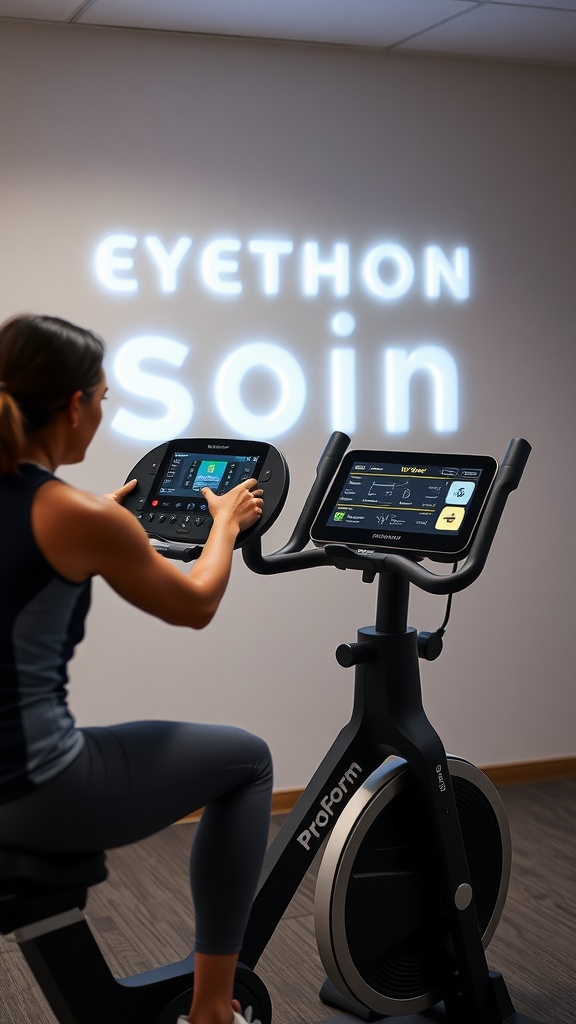 A person using a ProForm exercise bike with a digital display