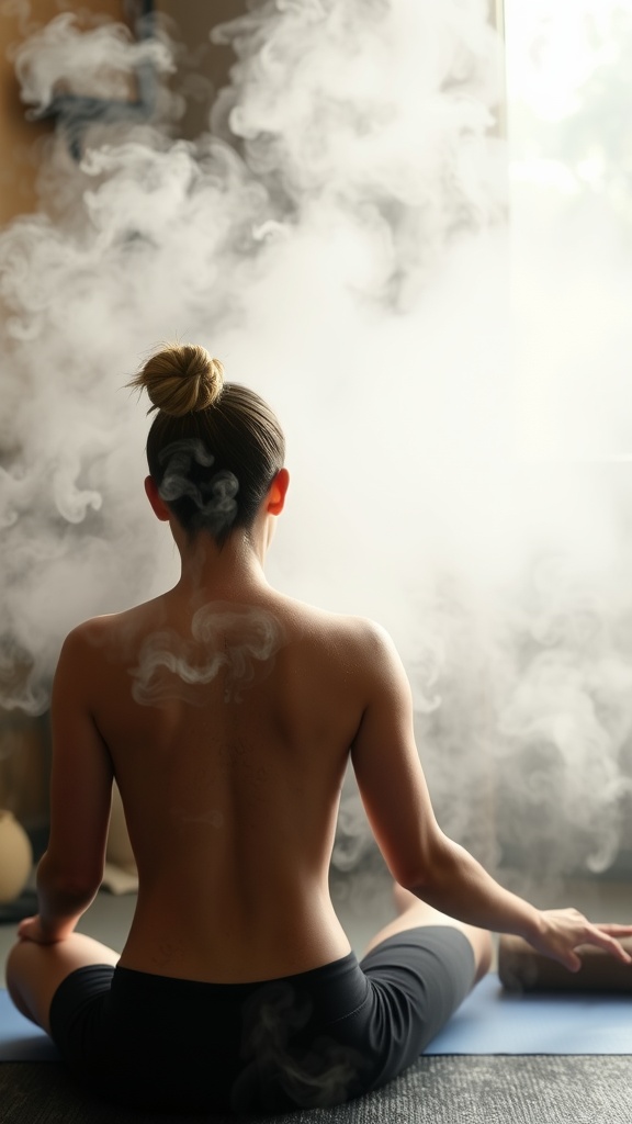 A person practicing hot yoga in a misty, warm environment.