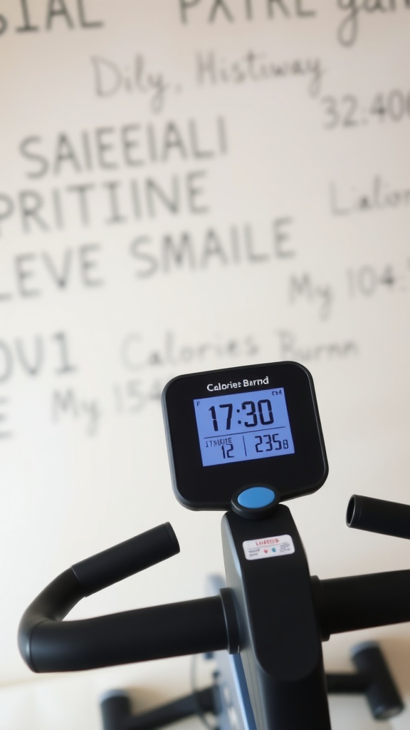 Close-up of a mini exercise bike's digital display showing workout metrics