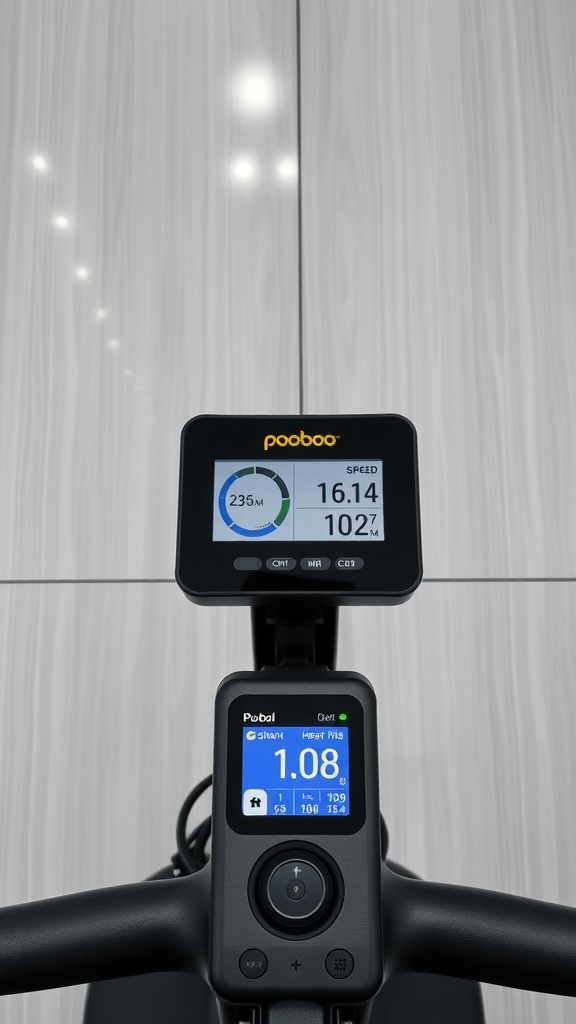 Digital display of a pooboo exercise bike showing speed, distance, and calories burned.
