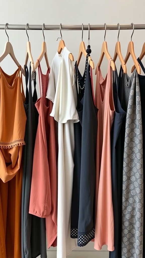 A variety of yoga attire hanging on a rack.