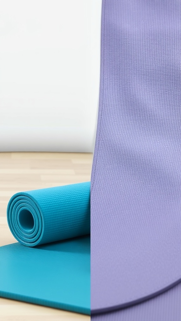 A close-up of two yoga mats, one turquoise and one purple, rolled up and laid out on a wooden surface.
