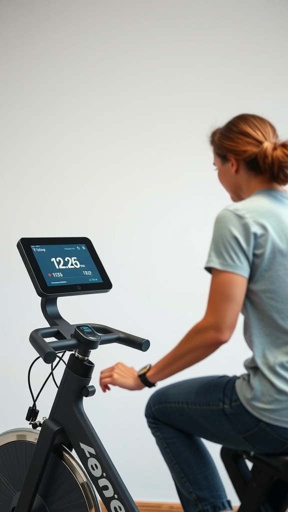 Person using a Pooboo exercise bike with a clear monitor displaying workout data.