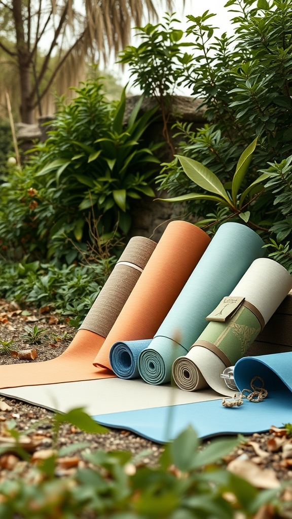 A selection of eco-friendly yoga mats in various colors laid out in a natural setting.