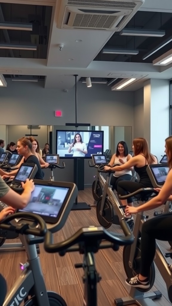 A group of people participating in a cycling class with screens showing an instructor.