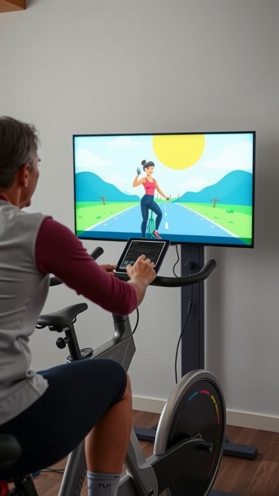 Person cycling on an exercise bike while following a virtual class on a screen