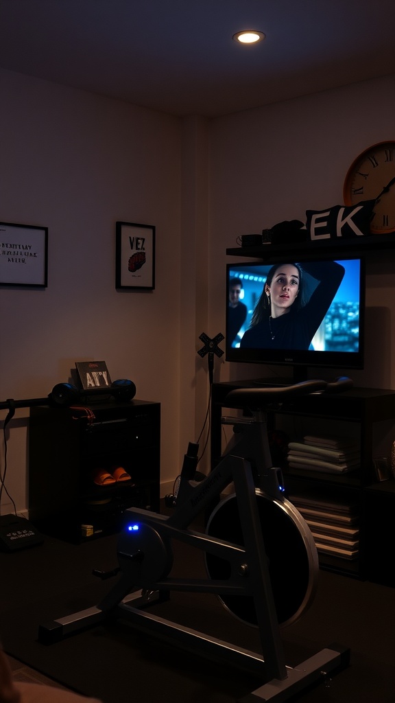 An exercise bike is positioned in front of a television showing a scene from a dramatic film.