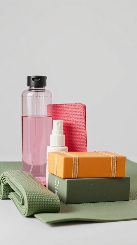 A collection of hot yoga accessories including a water bottle, a towel, and yoga blocks.