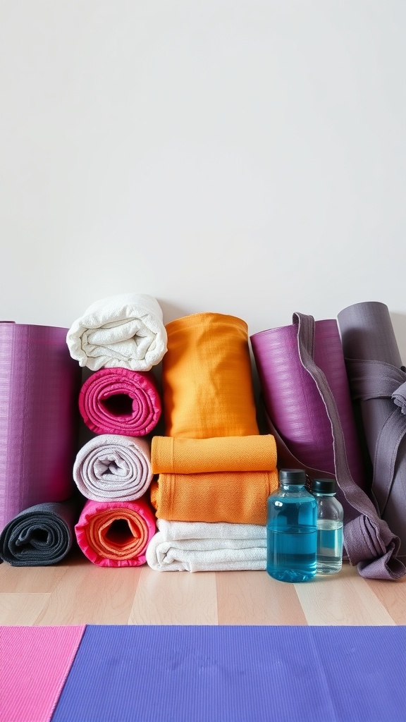 A variety of yoga mats and towels stacked neatly, along with water bottles.