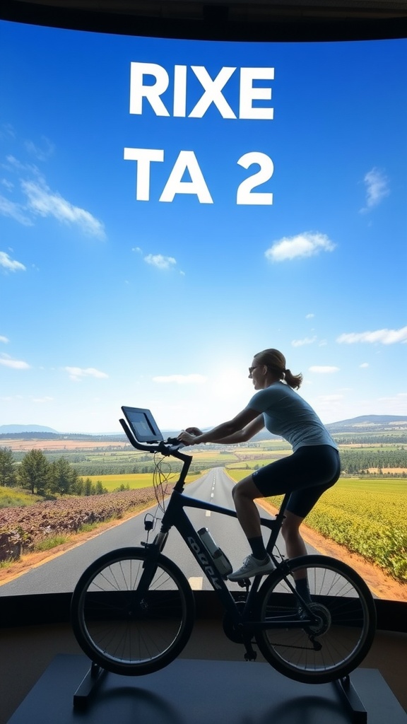 A person using a ProForm exercise bike in front of a virtual landscape screen.