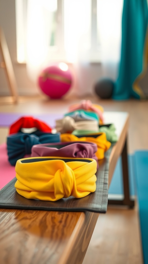 A variety of colorful headbands arranged neatly on a table, perfect for hot yoga.