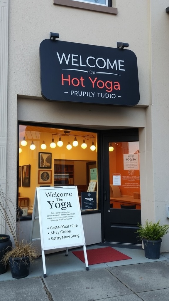 Entrance of a hot yoga studio with a welcoming sign and an information board.