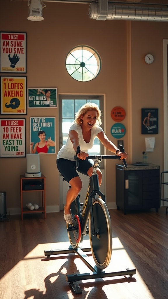 A woman enjoying a workout on an exercise bike in a sunlit room with motivational posters.