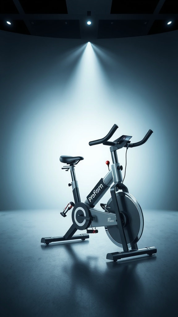 A ProForm exercise bike showcased in a spotlight