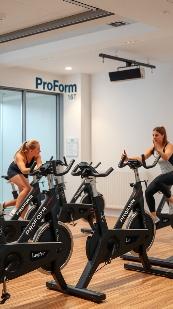 Two women cycling on ProForm exercise bikes in a modern gym setting.