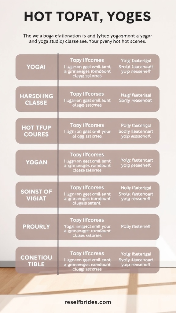A list of different hot yoga class types and styles.