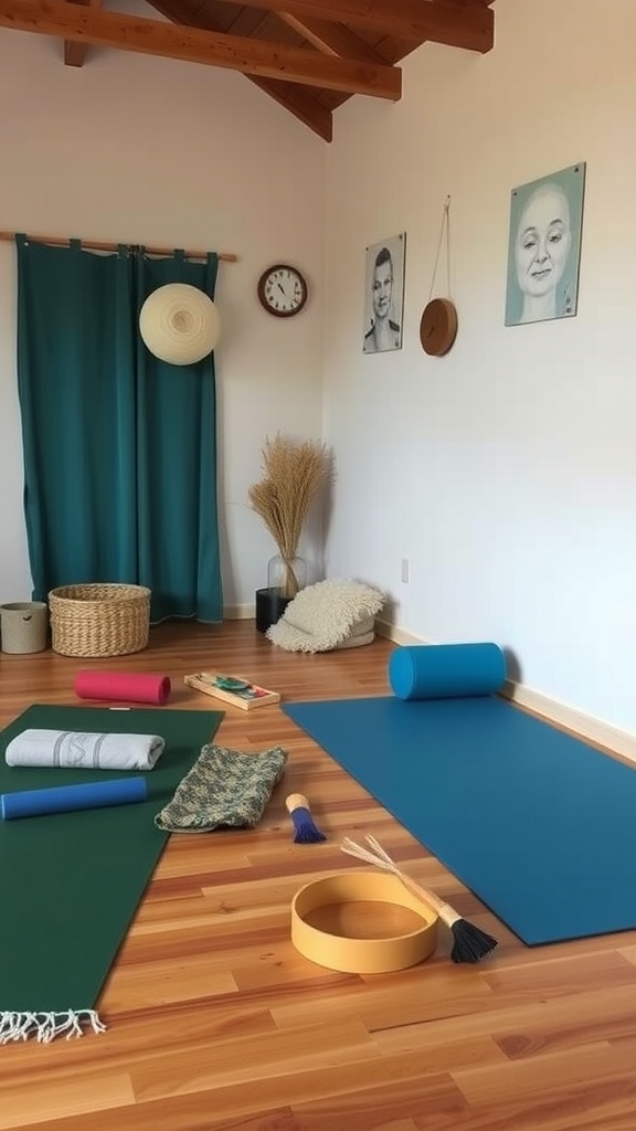 A serene yoga studio with mats and accessories, ready for a session.
