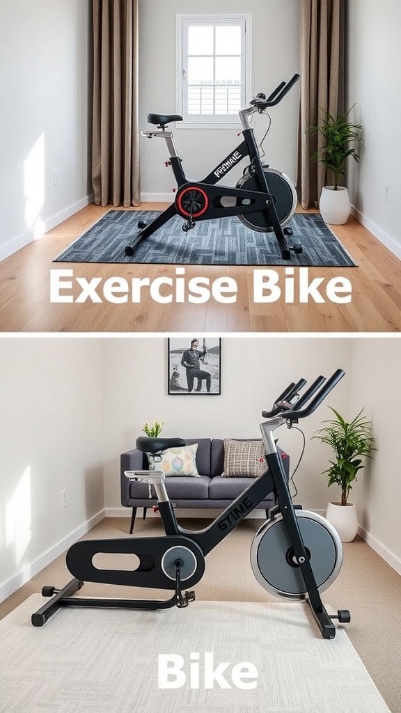 Two exercise bikes in a well-lit room with a plant and a sofa.