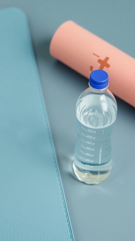 A bottle of water next to a yoga mat on a blue surface