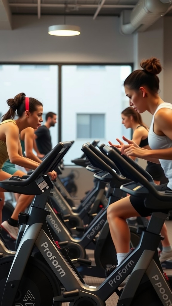 A gym scene featuring individuals using ProForm exercise bikes.