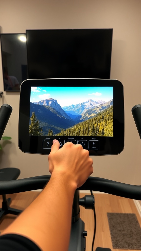 A hand adjusting settings on an exercise bike's screen displaying a scenic mountain view