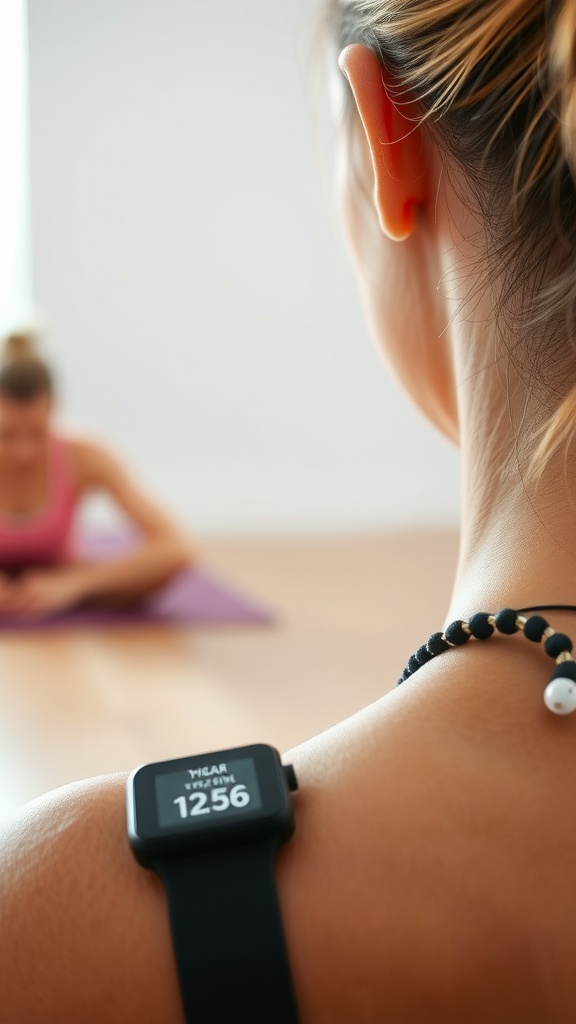 A close-up of a woman's back showing a smartwatch, with another person practicing yoga in the background.