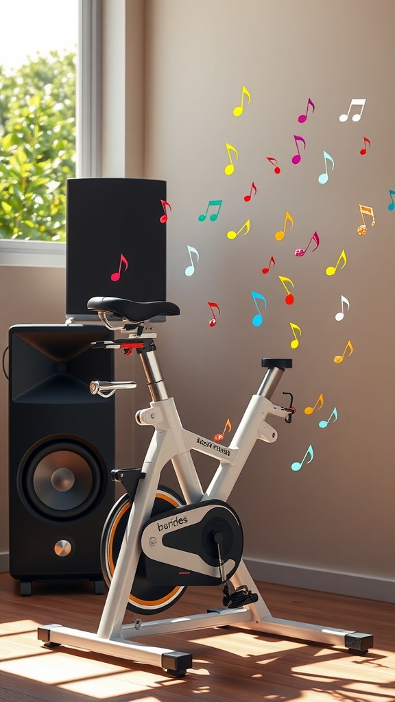 A sunny exercise bike with musical notes floating around it, near a speaker.