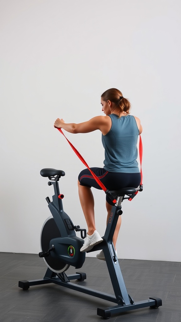 A person using a recumbent exercise bike with resistance bands