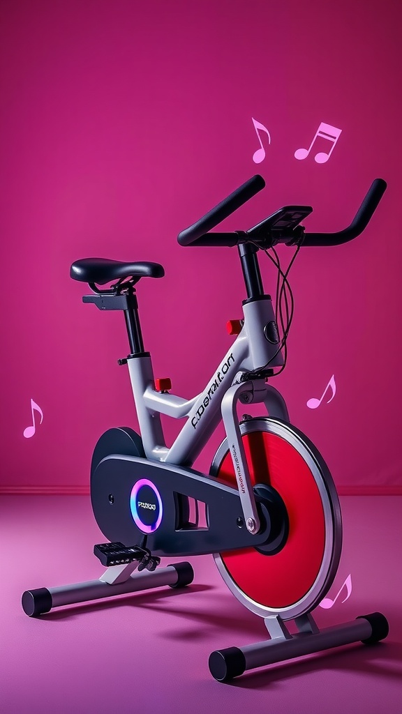 Pooboo exercise bike with integrated Bluetooth speakers and musical notes