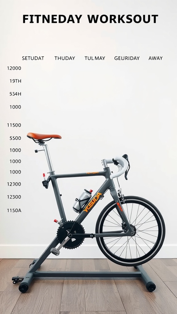 Yosuda exercise bike with a workout progress chart on the wall.