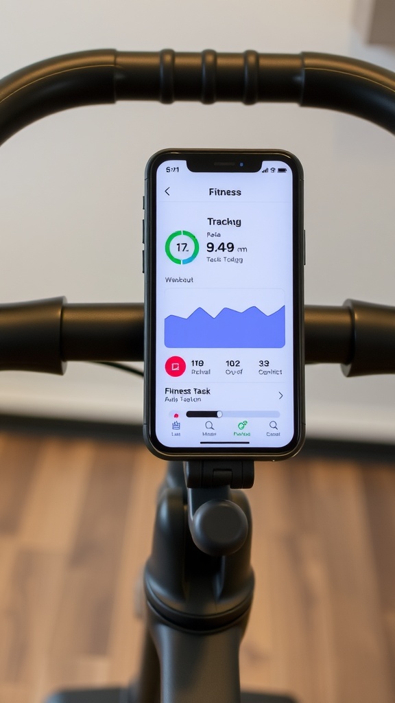 Close-up of an exercise bike with a smartphone displaying fitness app metrics.