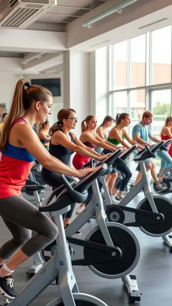 A group of people exercising on bikes with screens in a bright gym.
