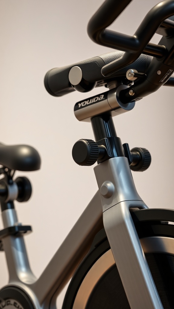 Close-up of a Yosuda exercise bike showing handlebars and resistance adjustments