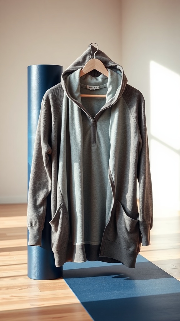 A light hoodie hanging on a wooden hanger next to a yoga mat