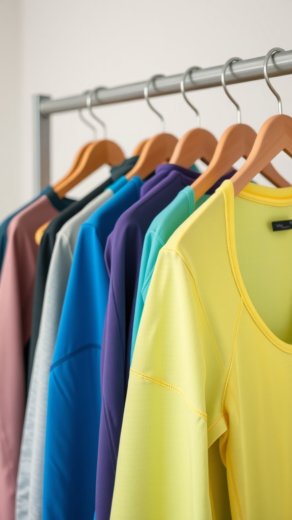 A display of colorful lightweight moisture-wicking yoga tops hanging on a rack.