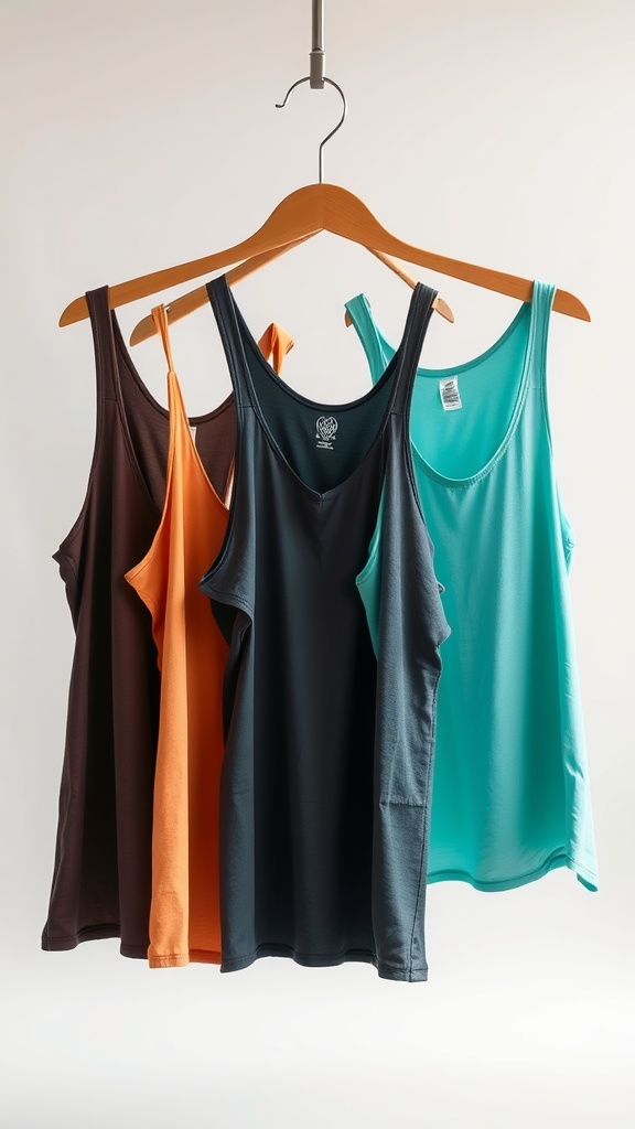 A collection of loose-fitting tanks in various colors hanging on a wooden hanger.