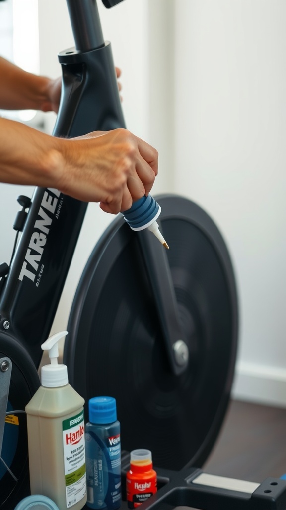 A person applying lubricant to a home exercise bike, with maintenance supplies nearby.