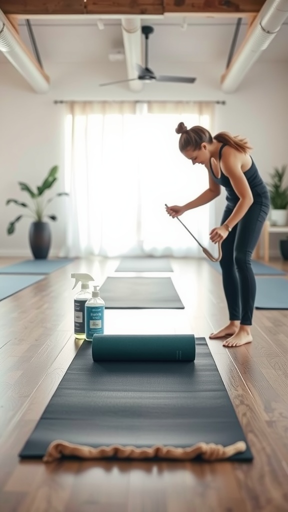 A woman cleaning her yoga mat in a bright yoga studio