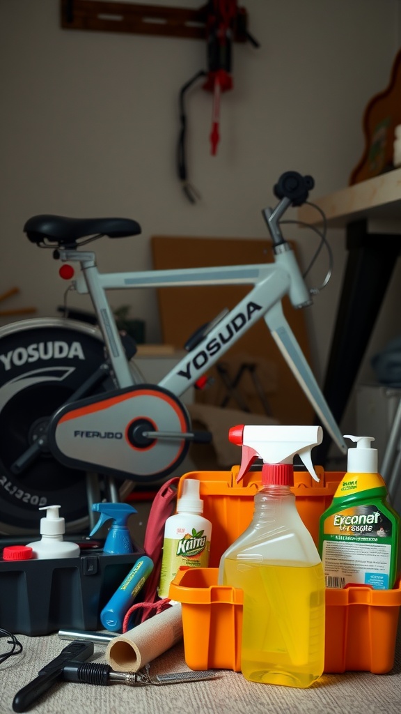 A Yosuda exercise bike next to cleaning supplies and tools.